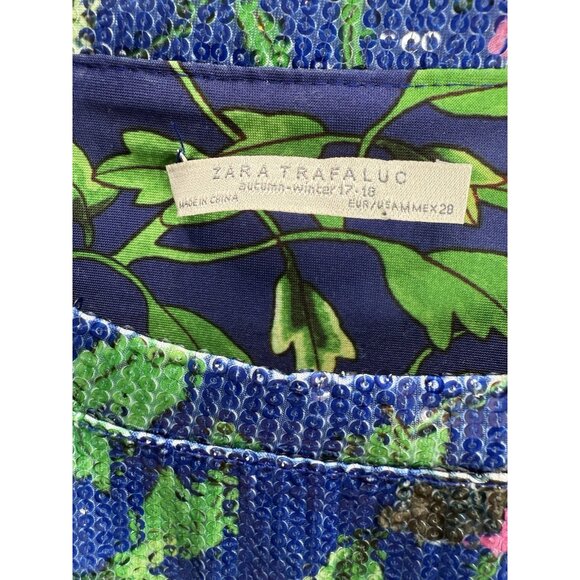 Zara Trafaluc Size Medium Blue Floral Sequin T-Shirt Blouse - Picture 7 of 8
